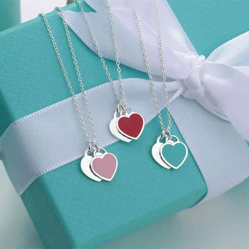 925 Sterling Silver Heart-Shaped Halsband Ladies Love Enamel Dubbel hjärta Hängsmycke Clavicle Chain Fashion Brand Luxury Smycken