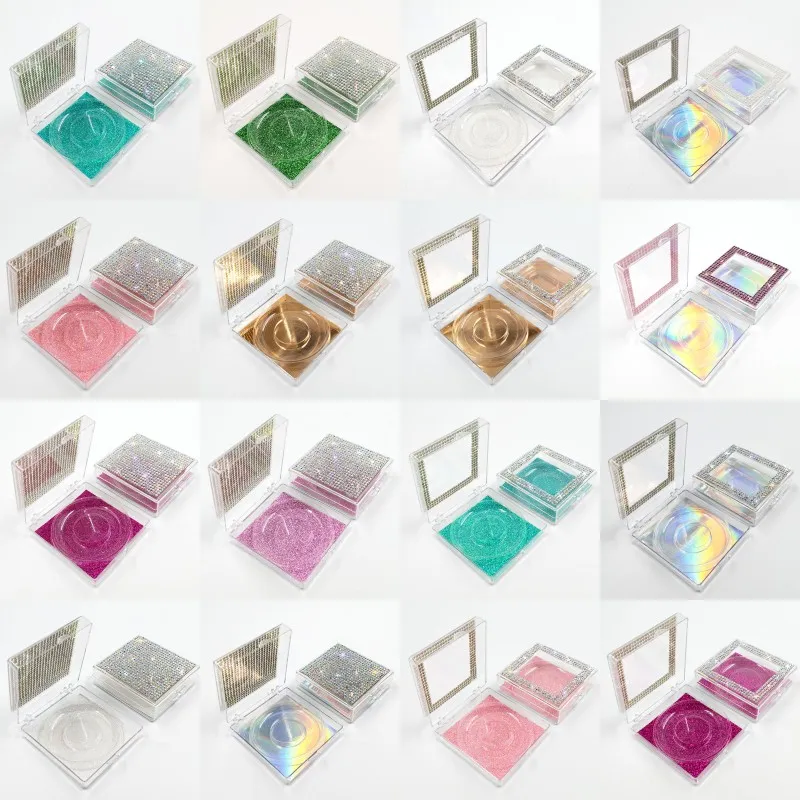 Mink Eyelash Diamant Package Boxes Square Tom Klar Ögonfransbehållare med Glitter Inner Card