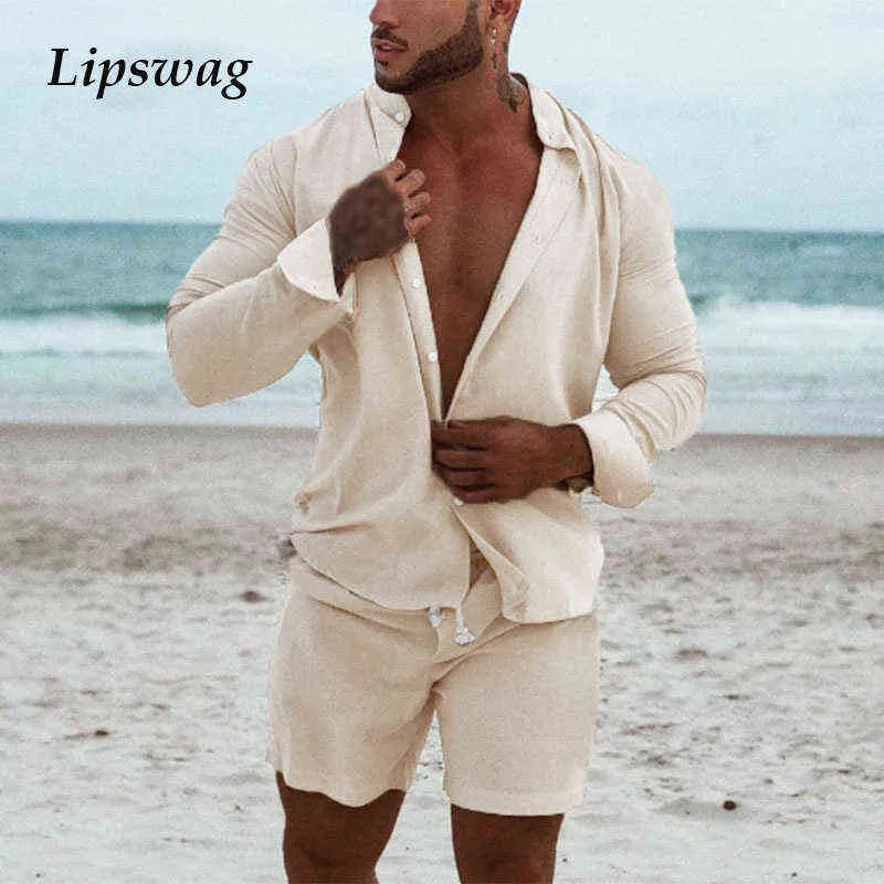 Casual Mens Algodão Linho Sets 2021 Outono moda sólida camisas de manga comprida e shorts ternos para homens roupas de duas peças Streetwear G1222