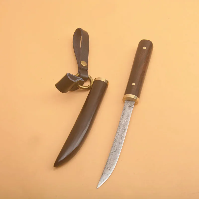 Nuova piccola coltello diritte VG10 Damasco in acciaio in acciaio Blade Blade Ebony + acciaio inossidabile Maniglia per testa Outdoor EDC Keychain Knives