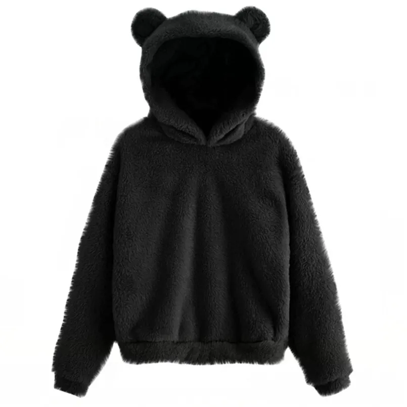 Mooie Fleece Animal Hoodie Sweatshirt Lange Mouw Warm Bear Ear Hooded Pluche Hoody Pullover Lady Winter Tops 210809