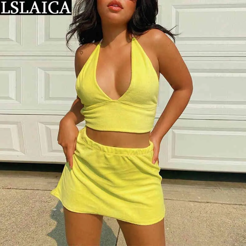 Summer Womens Yellow Crop Top Skirt Set Slim Fit, Sexy, Clubwear