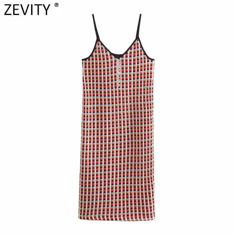 Zevity Women Vintage Vネックブレスト千鳥格子縞ニットスリムスリングドレス女性シックな夏ブランドパーティーMidi Vestido DS8120 210603