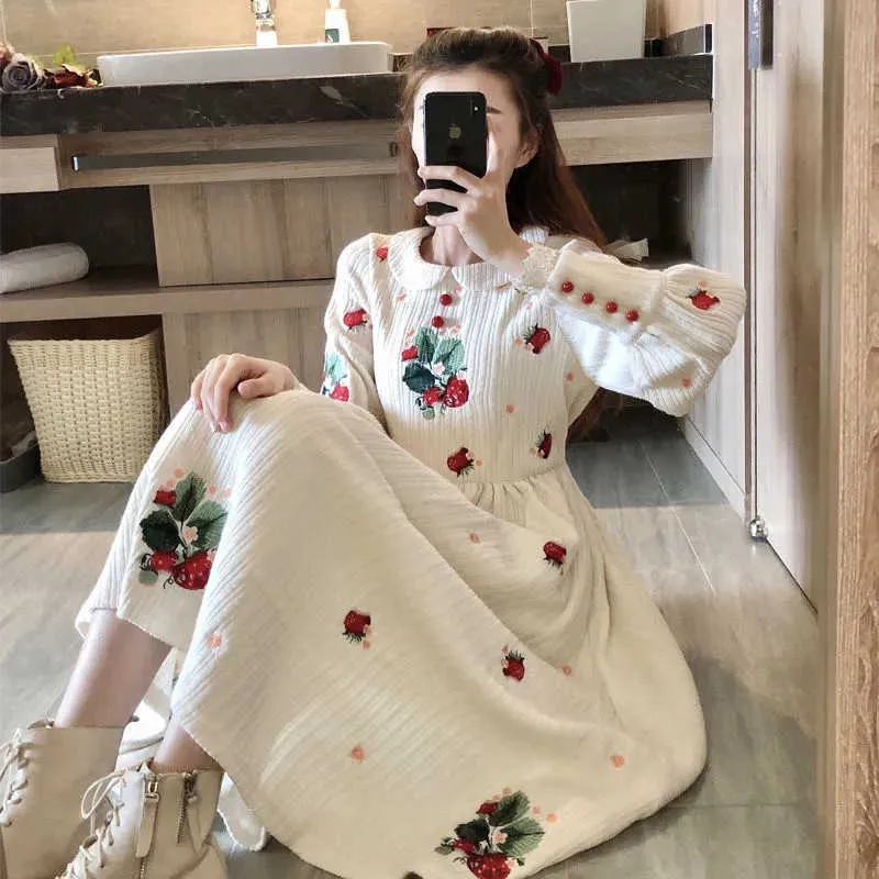 Vintage French Maid Dress With Flower Embroidery And Peter Pan 