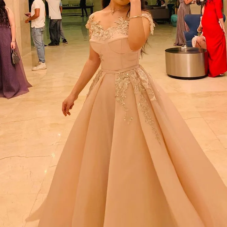 Champagne Lace Beaded Plus Size short sleeve prom dress with Sheer Neckline - 2022 Arabic Aso Ebi for Evening Formal Party, Second Reception,