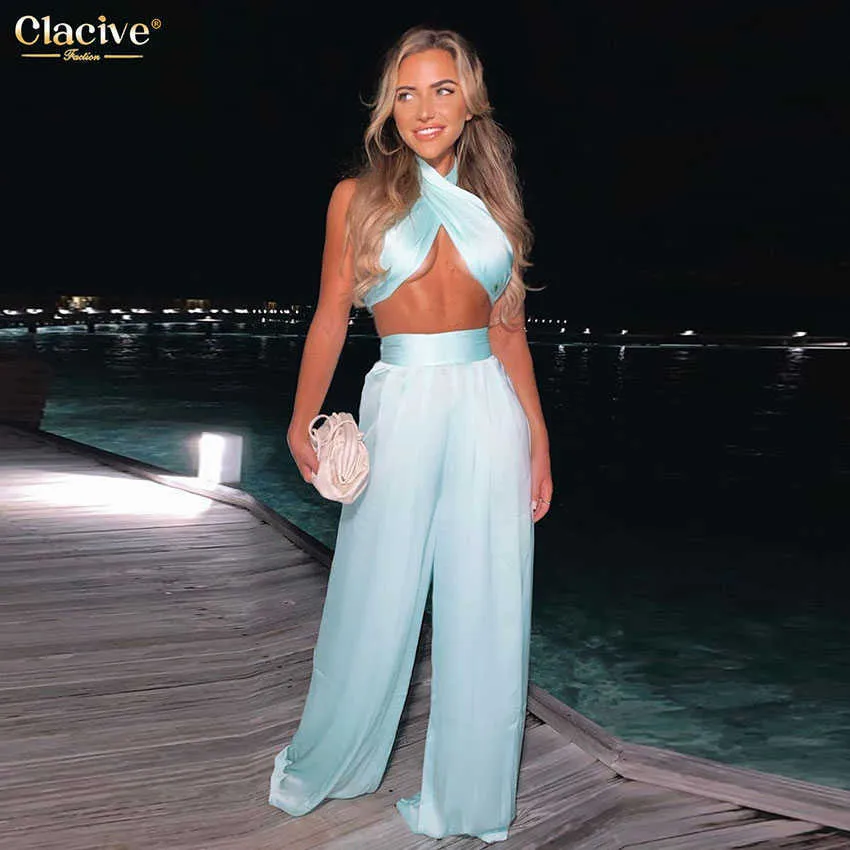 Clacive Sexy Chic Satin Women Two Piece Set Summer Halter Tank Top High Waist Palazzo Pants Set Fashion Party Club 2 Piece Set Y0625