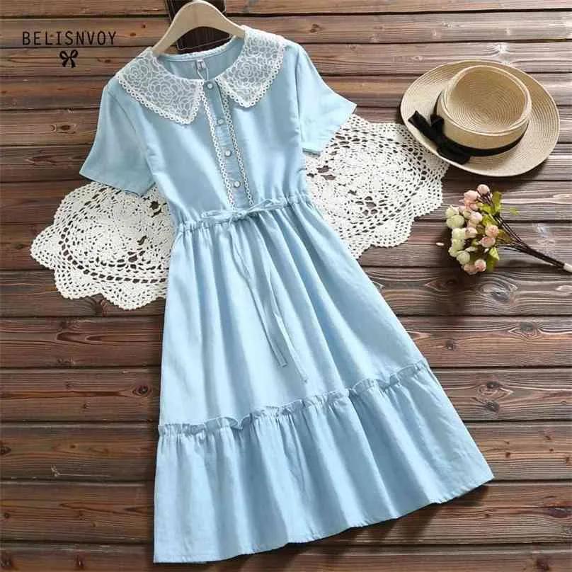 Japońska Mori Girl Summer Women Blue Sukienka Peter Pan Collar z koronką Kawaii Drelich Krótki rękaw Ruffles Cute 210520