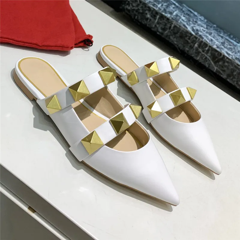 2021 Classics Women Sandals Pointed Rivets Slippers Nude Pumps High Heels Sandal Ankle Straps Spikes Slipper Genuine Leather Shoes with box