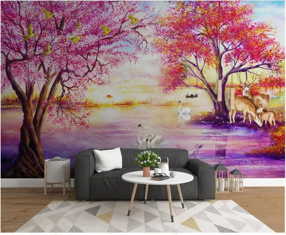 Papel de parede de fotos personalizadas para paredes 3d murais linda pintura a óleo da floresta grande árvore de veado do lago do lago papéis home decoração