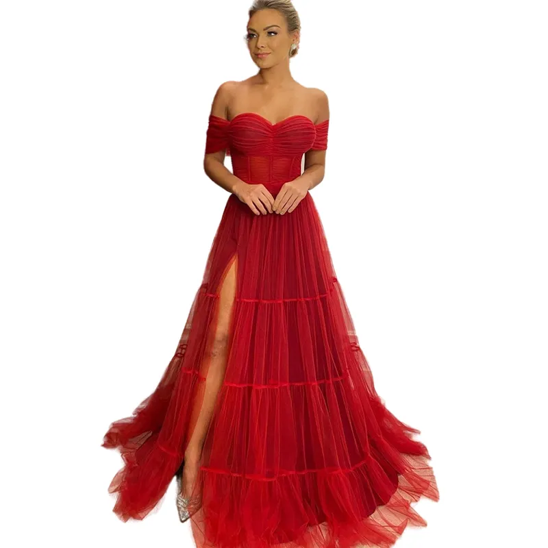 long red corset dress Red corset guipure dress with high slit