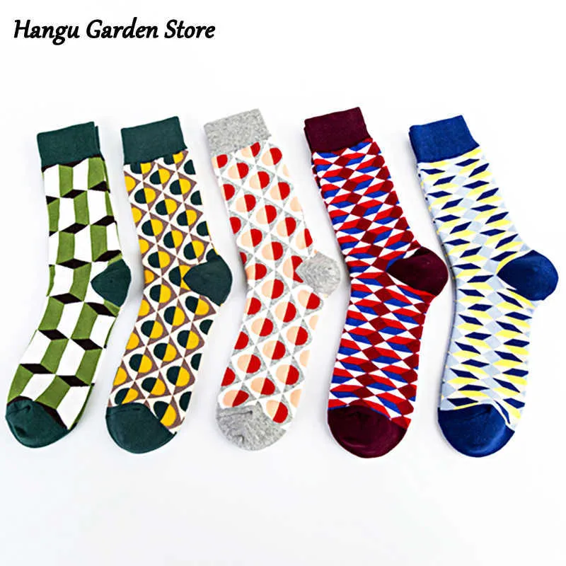 Quality Mens Stockings Men'sCombed Cotton Colorful Happy Funny Sock Warm Casual Long Pattern Diamond Colorful Men Stockings X0710