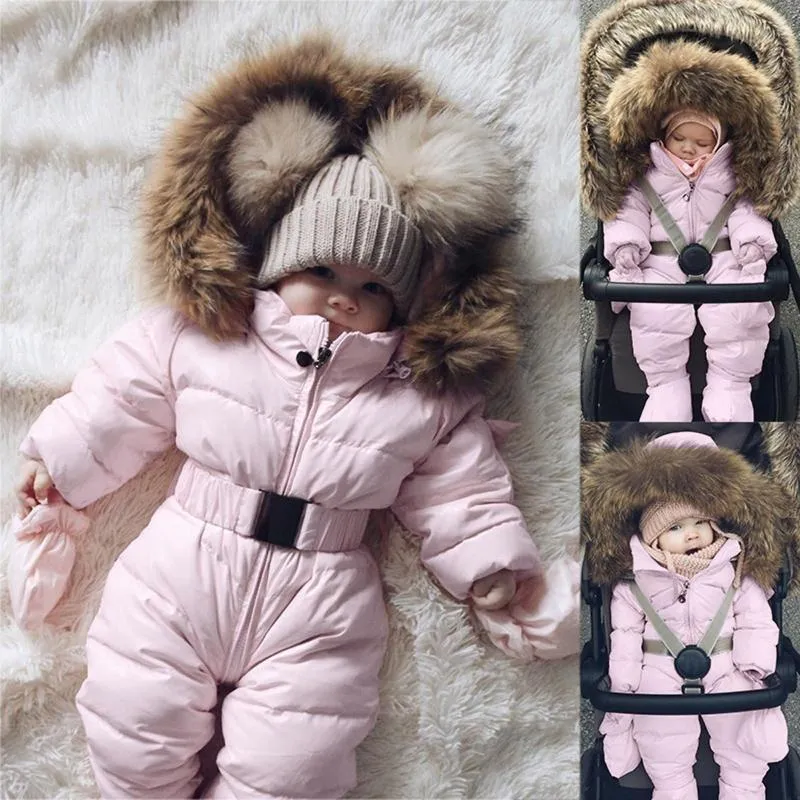 Overalls Baby Kleidung Winter Strampler Daunenmantel Säugling Mädchen Jungen Schneeanzug Fell Kapuze Warme Oberbekleidung Overall Geboren Overalls Mäntel