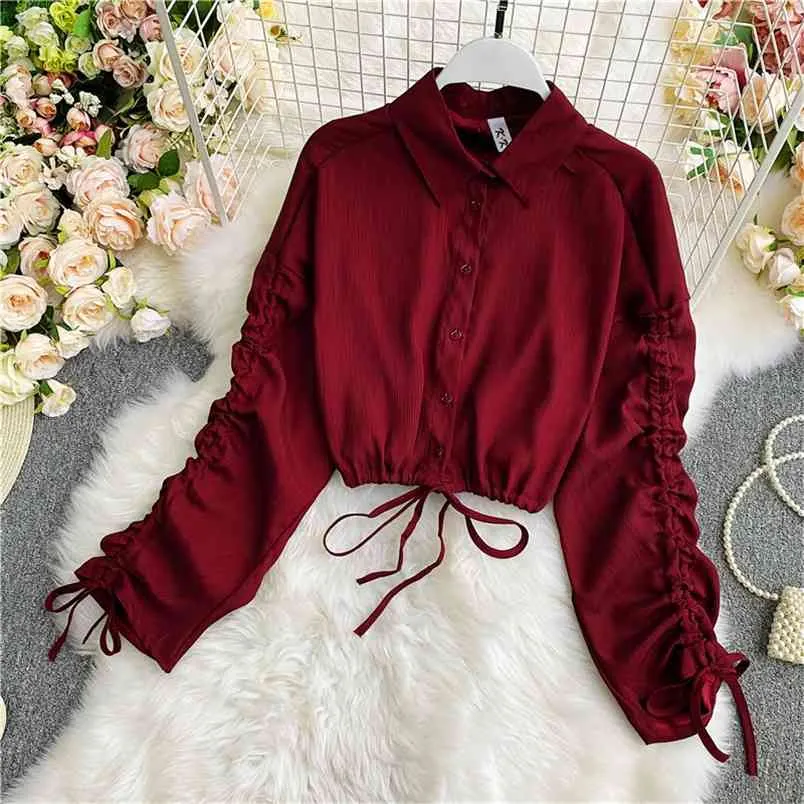 ファッションの気質の短い上の春と秋の韓国風の緩い巾着長袖西部レトロシフォンシャツUK211 210506