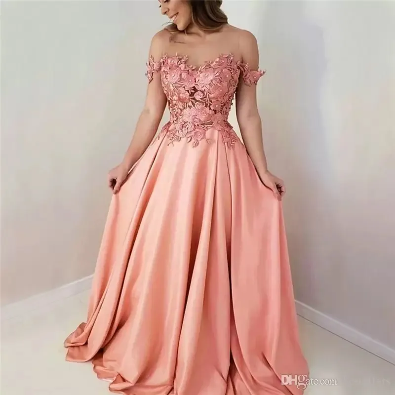 2022 Scoop A-Line Vestidos largos de dama de honor hasta el suelo Apliques de encaje de flores Vestidos de noche de satén de cristal vestidos de fiesta de noche BC10785