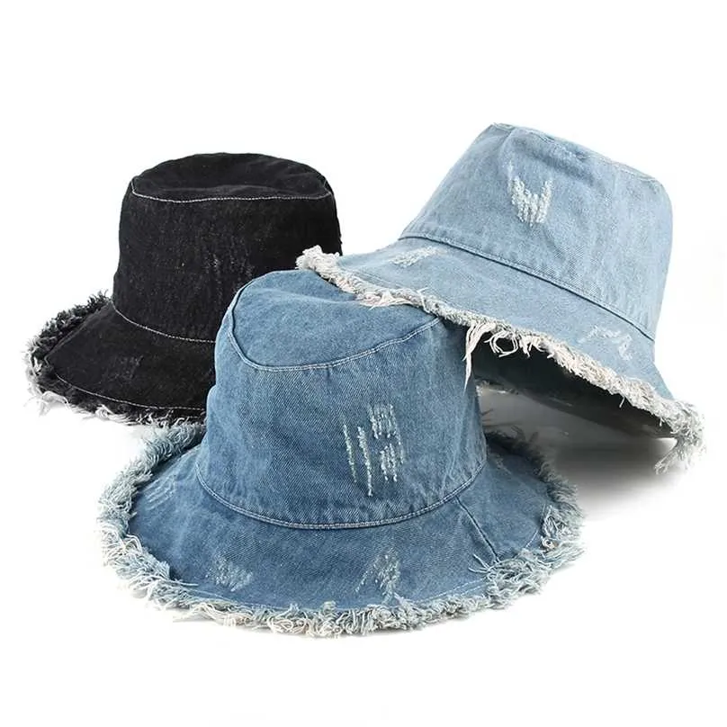 Lato Kobiety Denim Wiadro Kapelusz Vintage Myte Floppy Cap Szeroki Brim Składany Rybak Rybak Odkryty Plaża Słońce dla Dziewczyny 211119