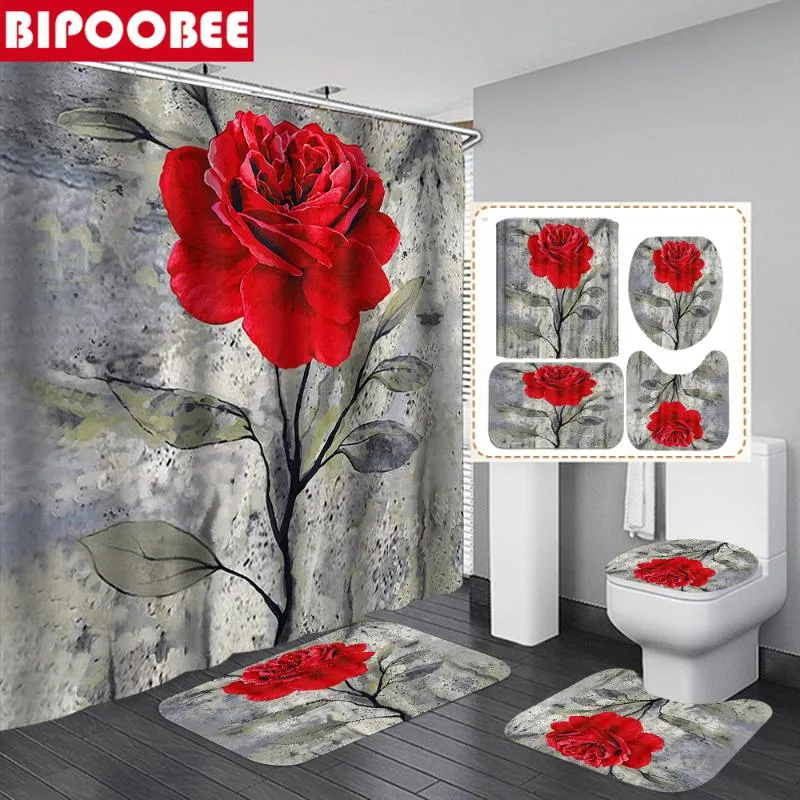 Tende da doccia Grande fiore rosso Stampa artistica Tenda Poliestere impermeabile Bagno Tappetino da bagno antiscivolo Tappetini per WC Moquette Decorazioni per la casa