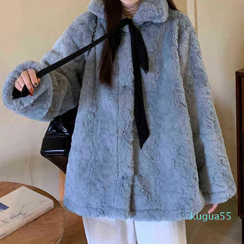 Kobiet bawełna Vintage Faux Rabbit Fur Coats Lace-Up Teddy Zagęścić Ciepłe Luźne Kurtki Futrzany Elegancki Słodki Koreański Odzież wierzchnia Y1217