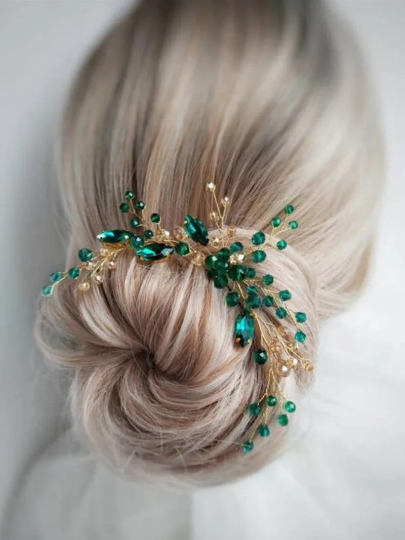 Headpieces Bohe Golden Green Green Bridal Hairpins e Brincos Conjunto de Cristal Rhinestone Artesanal Noiva Clipes De Cabelo Acessórios De Casamento Decorações