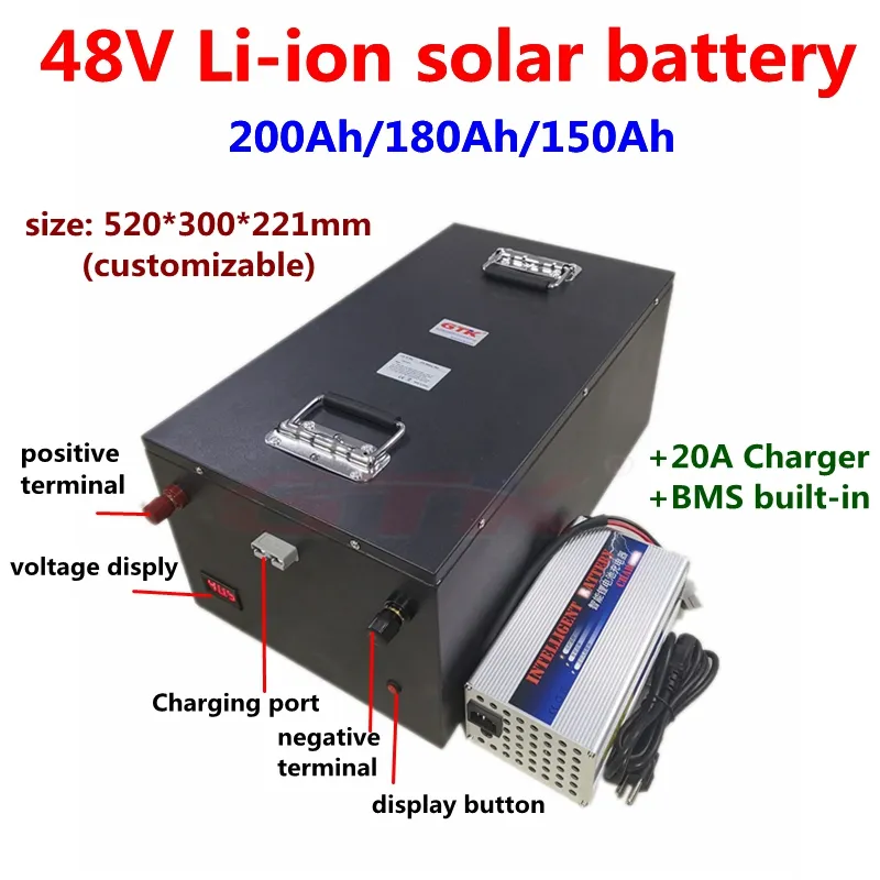 Batteria agli ioni di litio 48V 200Ah 180Ah 150Ah con BMS 13S per sistema solare di energia solare UPS inverter 10kw + caricabatterie 20A