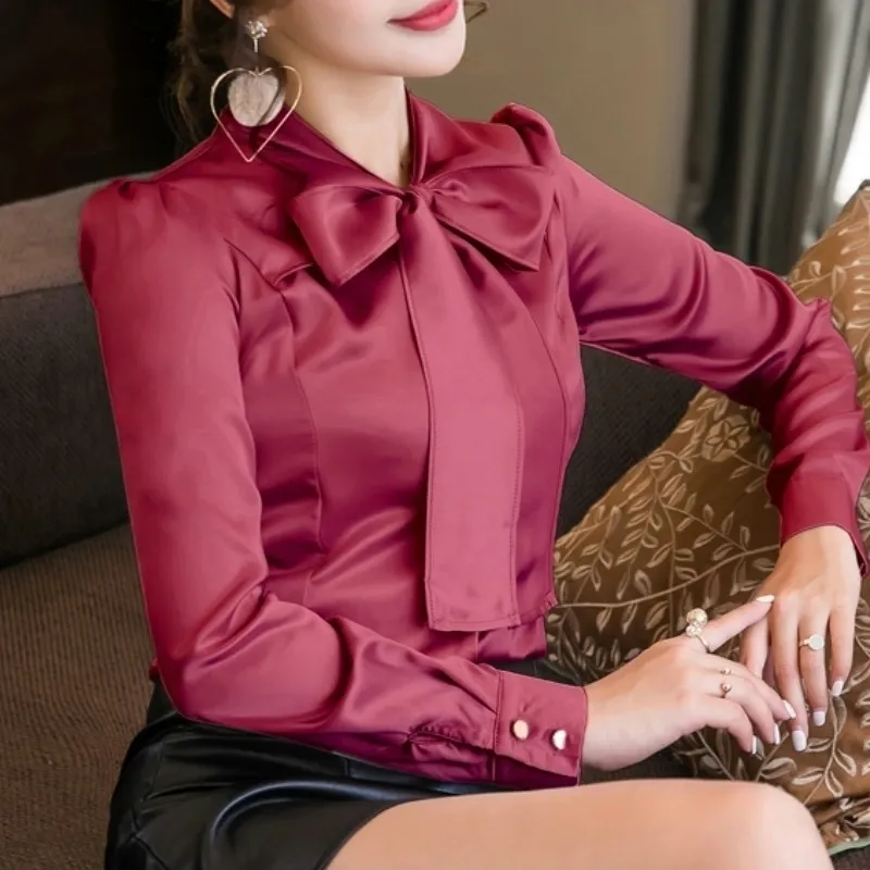 Spring Satin Bow Tie Blouse Womens Long Sleeve V Neck From