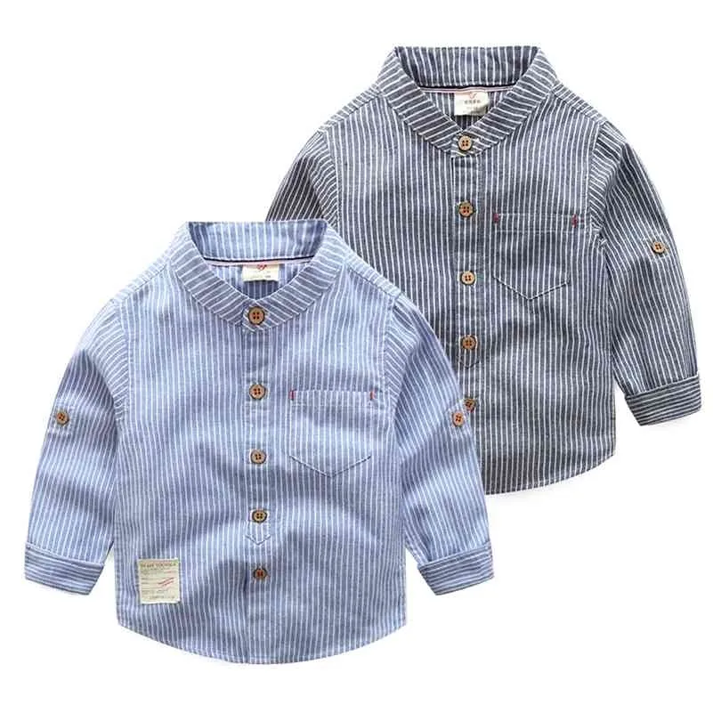 Spring Autumn 2 3 4 6 8 10 Years Design MANDARIN COLLAR Long Sleeve Pocket Classic Striped Shirts For Kids Baby Boys 210701