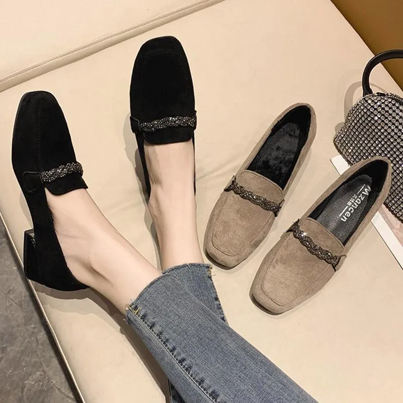 Dress Shoes 2021 Women Loafers Low Heels Boat Square Toe Chain Suede Plush Warm Ladies Plus Size