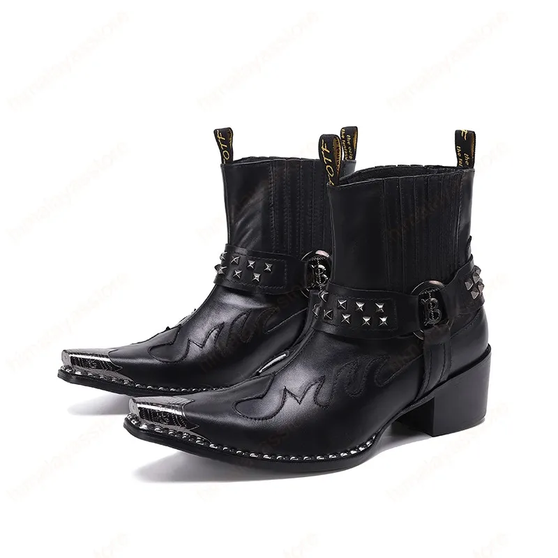 Grande taille bout pointu hommes moto bottes affaires mariage homme court noir bottes en cuir Botas De Hombre