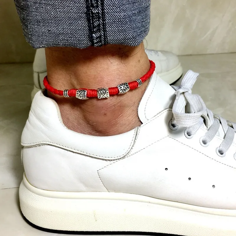 Anklet för män Kvinnors par fötter smycken retro personlighet ankel smycken hög sektion handvävt läder rep armband