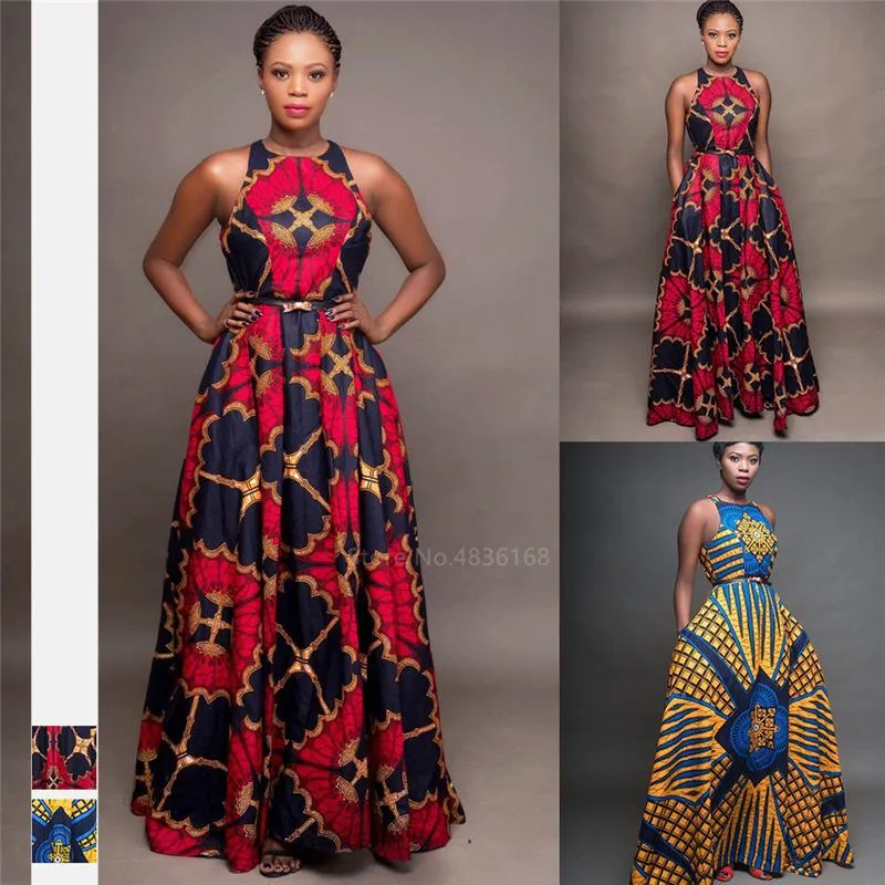 Abbigliamento etnico 2021 Moda Donna Abiti africani Girocollo Dashiki Maxi abito senza maniche Abiti taglie forti per le donne Robe Africaine