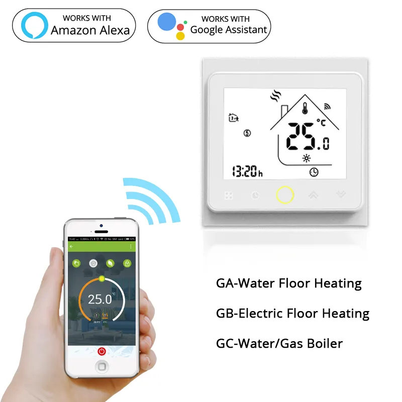 Moes Smart Voice Control Gas Boiler Uppvärmning Termostat WiFi 5 + 2 Programmerbar temperaturregulator Kompatibel med Amazon Alexa Google Home