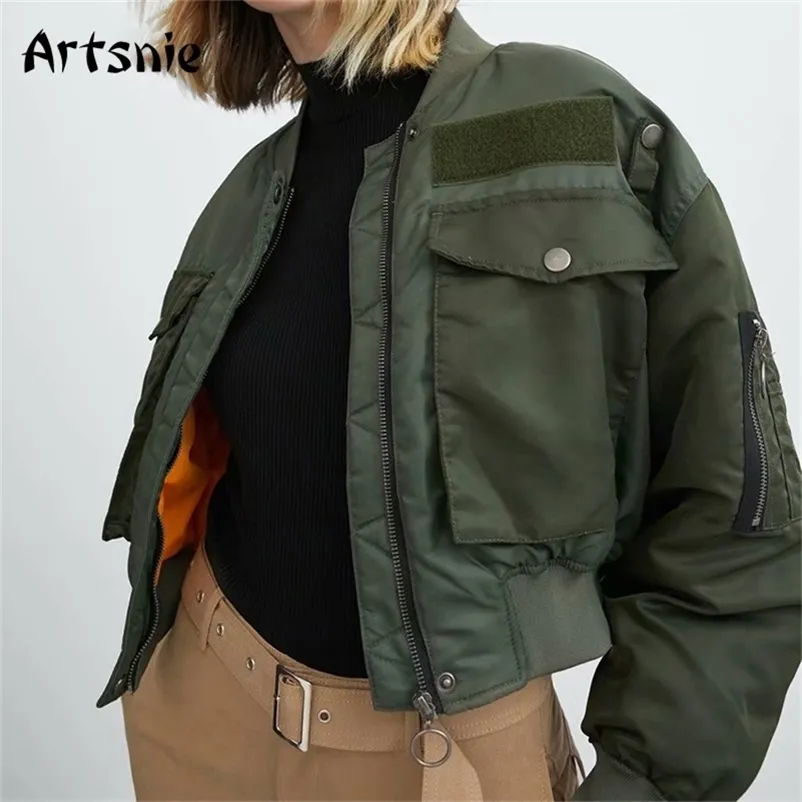 Artsnie Outono Bomber Jaqueta Mulheres Exército Verde Quente Zíper Bolsos Casaco de Inverno Casaco Feminino Parkas Femme Chaqueta Mujer 211112