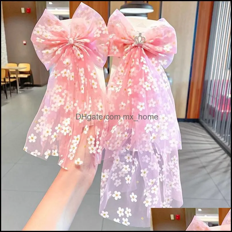 Hair Accessories Girls Beautiful Chiffon Bow Print Flower Strawberry Hairpins Headband Kids Sweet Decorate Clip Fashion