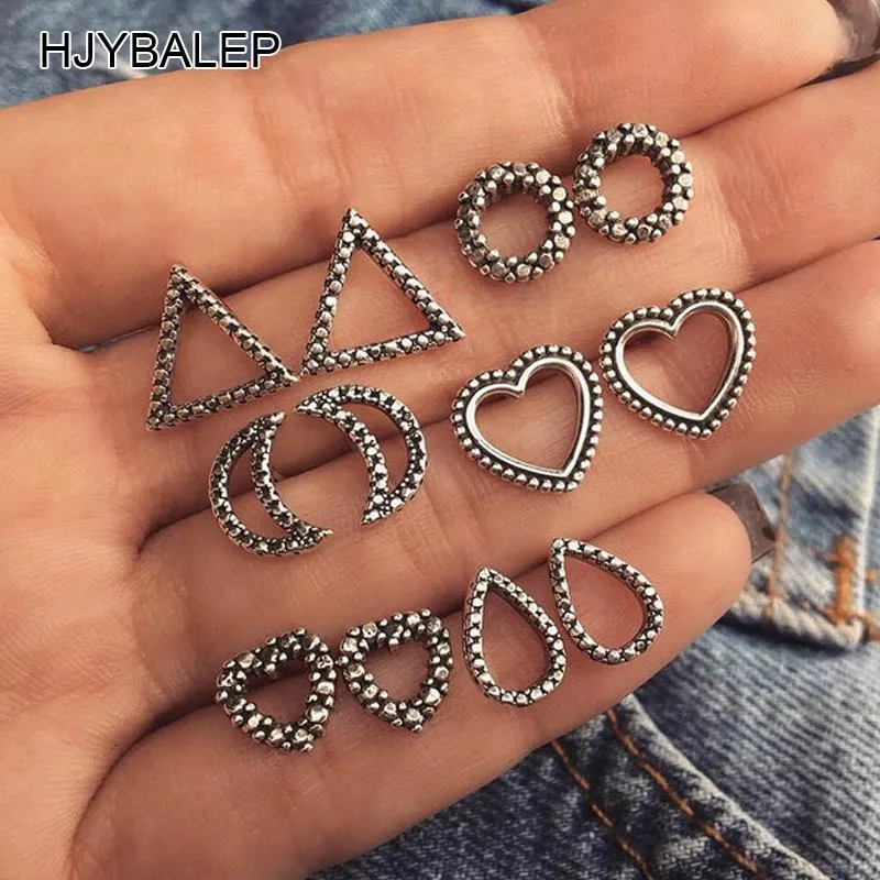 Stud 6 pary/Set Heart Moon Triangle Kolczyki dla kobiet Vintage Beach Geometry D'Oreille Biżuteria SP-0618