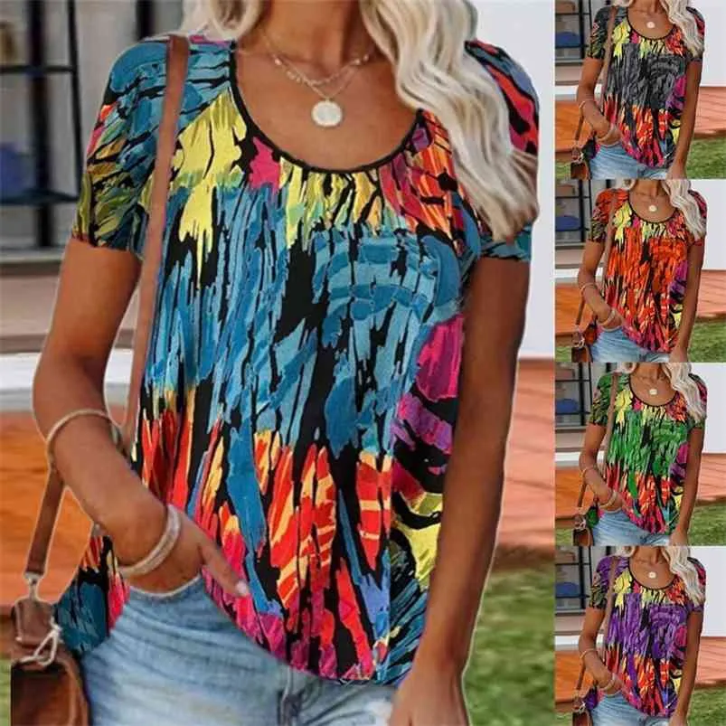 Summer Clothes for Women Ladies Tie Dye Print Shirt O-neck Short Sleeve Loose Shirts Y2k Casual Oversized ops 210623