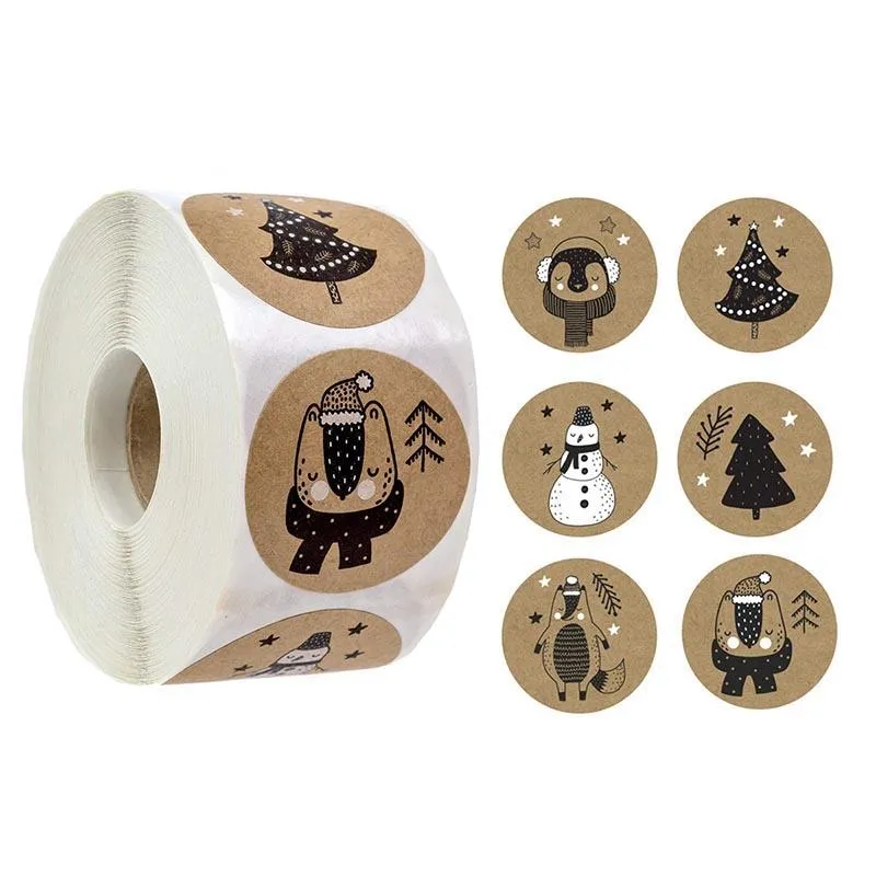 Geschenkpapier, 500 Stück/Rolle, Weihnachtsetiketten-Aufkleber, selbstklebend, Kraftpapier, Etiketten, Schneeflockenmuster, Siegel, 2,5 cm, Jahresdekoration, Festival, Party