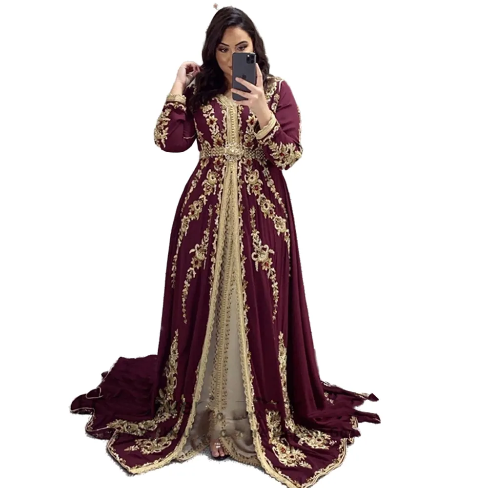 l gante robes de soir e marocaine marocaine Bourgogne Broderie manches longues Femmes Pal Partie Porter une occasion Formal Robes Arabe Caftan