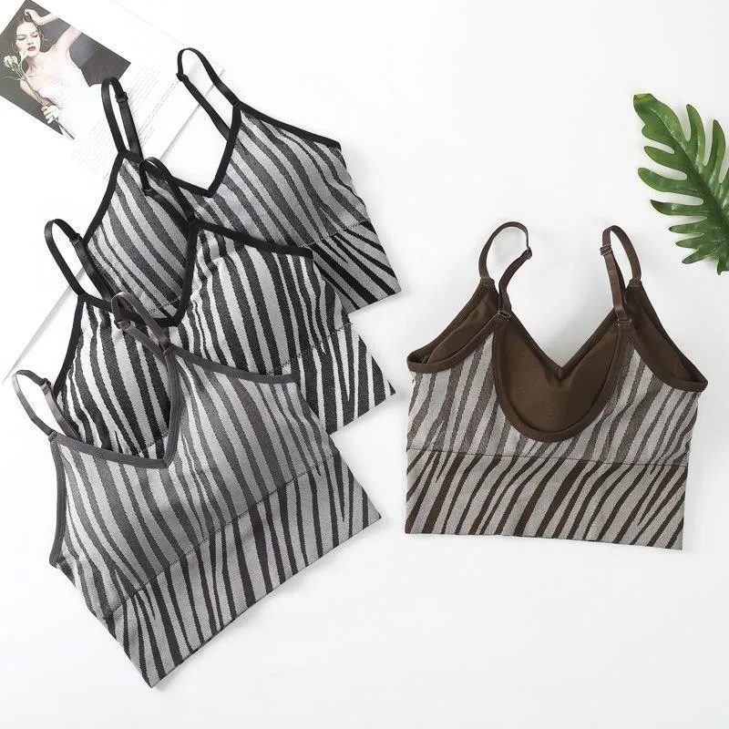 Camisoles Tankları Yaz Zebra Şerit Dikişsiz Iç Çamaşırı Seksi Kadın Kısa Korse Sutyen Üst Kaşkorse Yastıklı Canisole Pushup Sutyen Ped