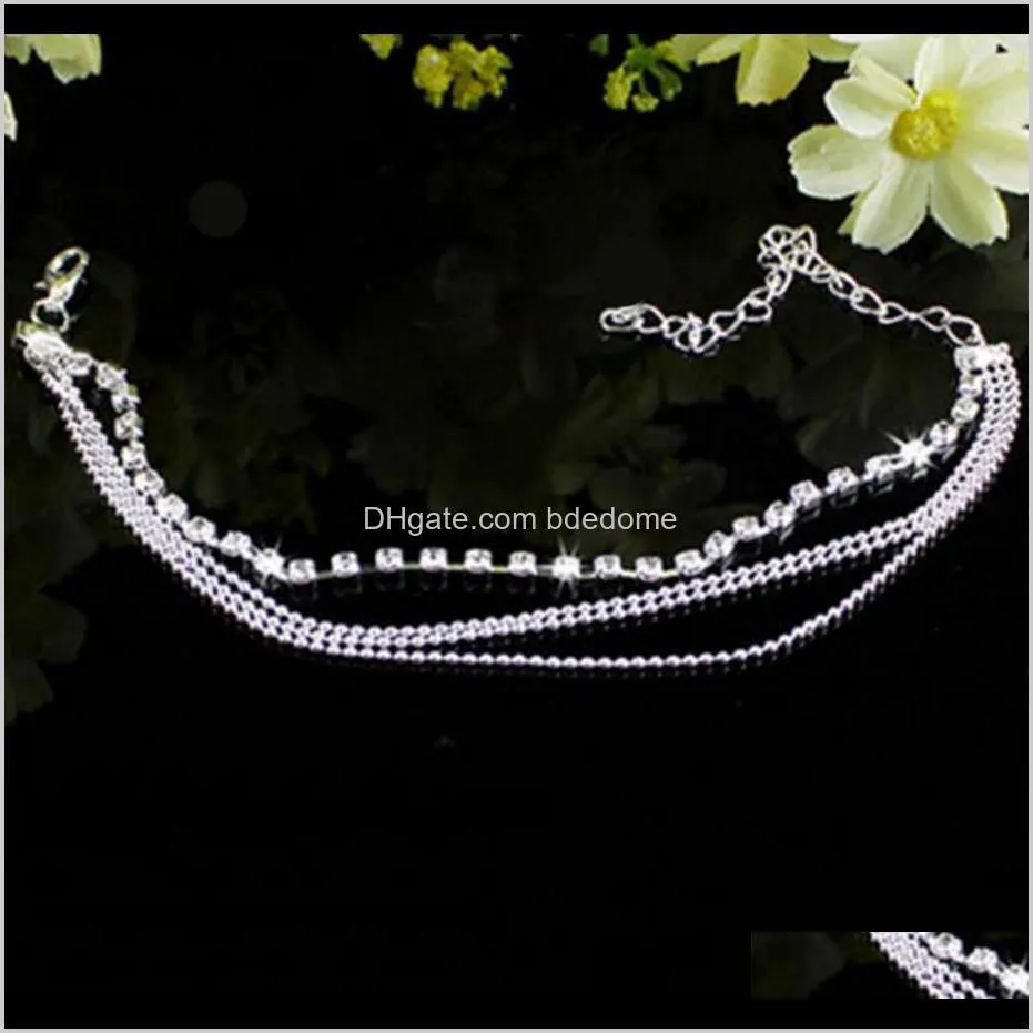 four layer anklet bead metal chain and acrylic diamond prong setting chain silver plated women girls gift