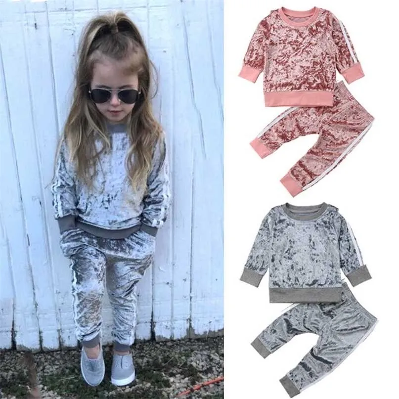 Toddler Kız Giysileri Bahar Çocuklar Spor Suits Çocuk Giyim Setleri T-shirt + Pantolon 2 adet Kadife Kız Eşofman Kıyafet 211104