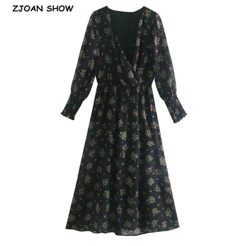 Vintage Cross V шеи 3D точка цветочные принт женщины шифоновые платья элегантный с длинным рукавом эластичные талии лодыжки длиной платья 210429