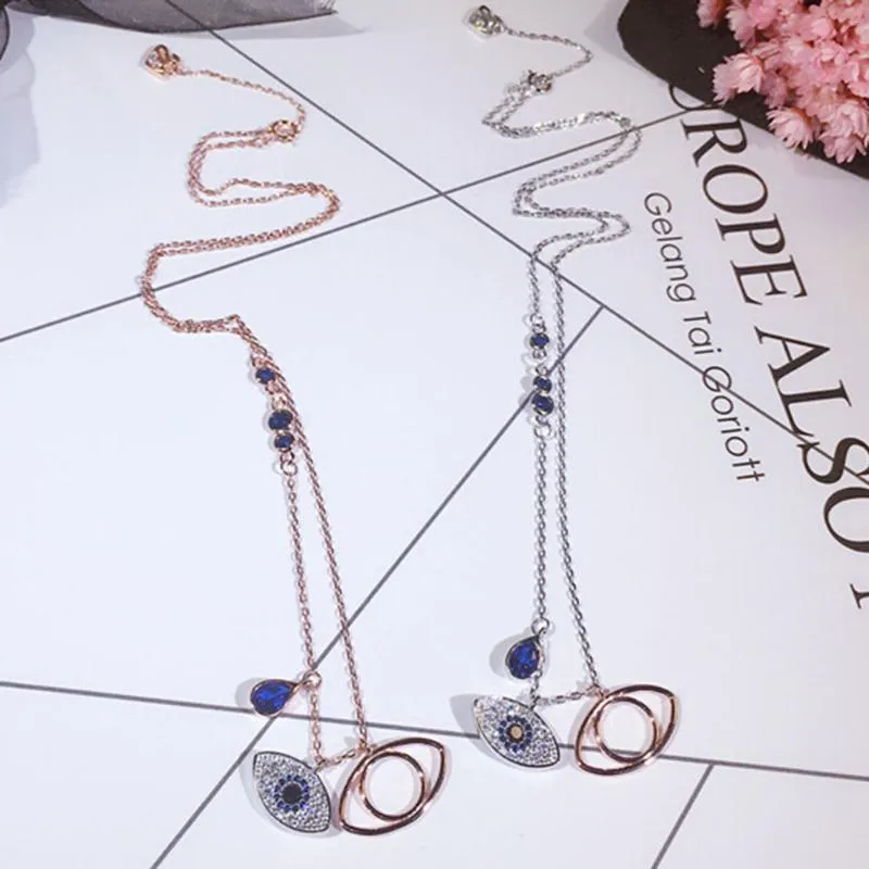 Hanger kettingen 1 stks beroemde ontwerp dubbele blauwe ogen korte ketting voor vrouwen goud kleur kubieke zirconia charme sieraden