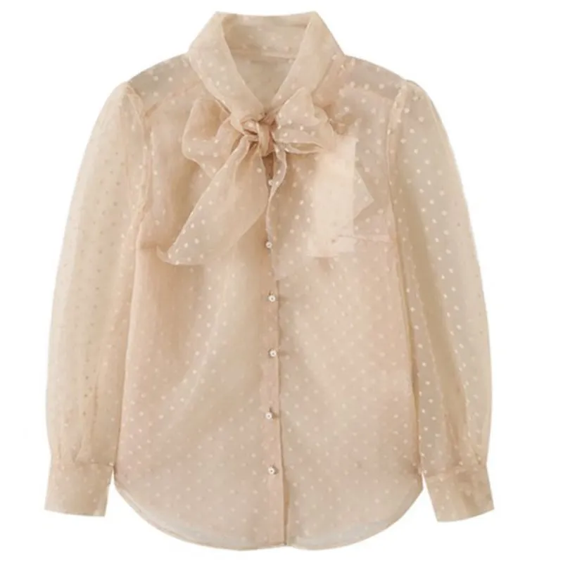 Lente Polka Dot Blouses Vrouw Button Up Shirts Sweet Bow ontworpen vrouw Lange mouwen Tops Fairy Blusas Mujer 210514