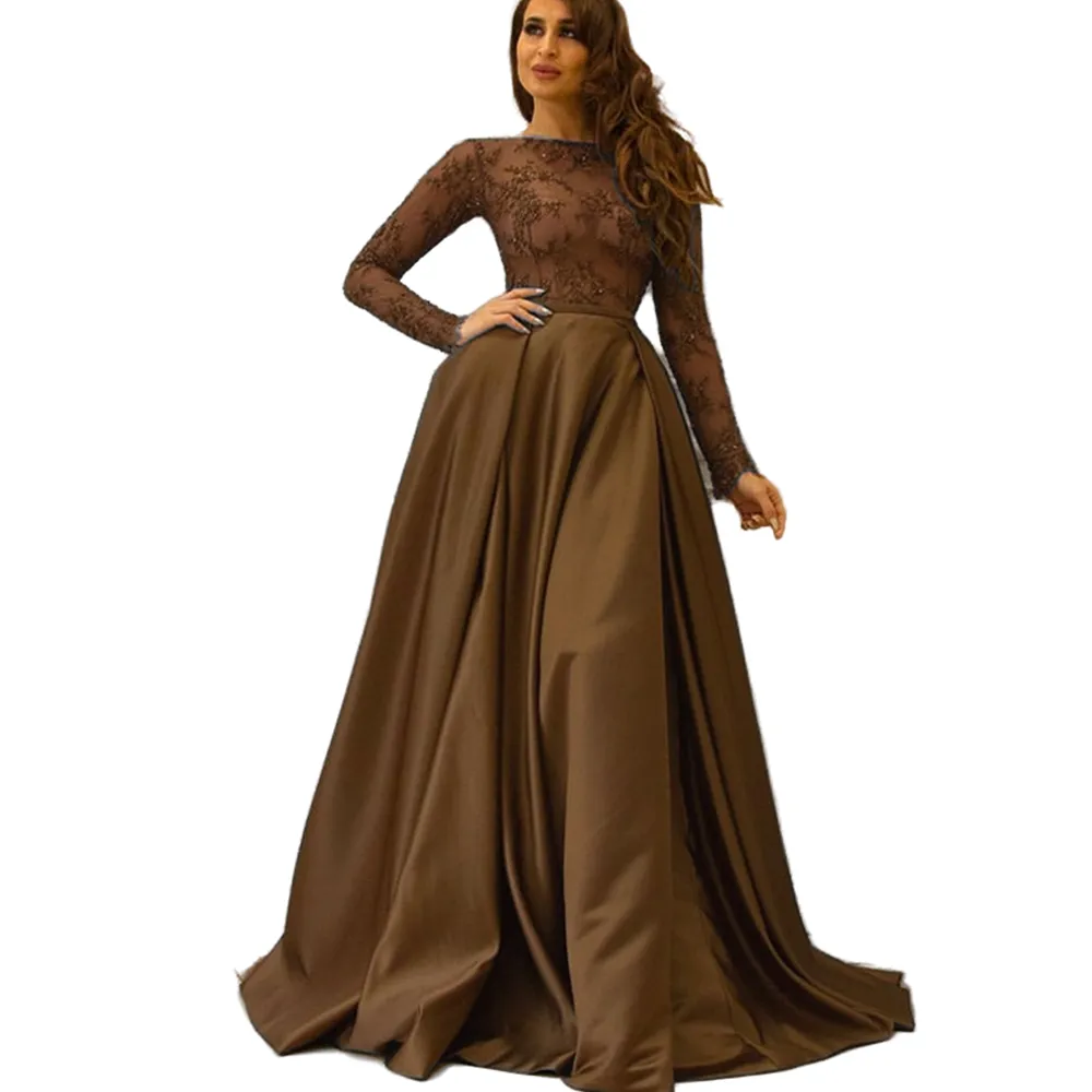Arabic Brown Long Sleeves Formal Evening Dresses With Overskirt Illusion Bodice Sexy Pageant Gowns For Women A Line Appliques Lace Prom Dress