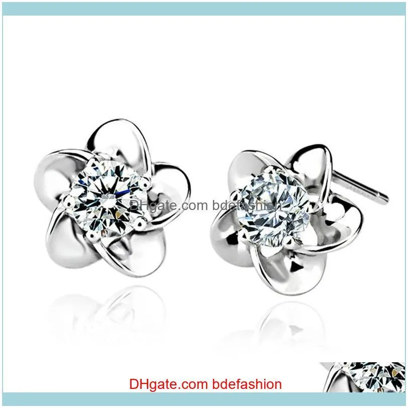 925 Sterling Silver Heart Shaped Stud Earrings CZ Zircon Crystal Flower Stud Earrings for Women Wedding Ear Stud Earring KY