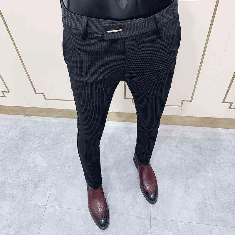 Męskie spodnie Mężczyźni mody pasiaste garnitur spodni eleganckie szczupłe spodnie społeczne spodnie Wysokiej jakości mężczyźni Biuro biurowe sukienka kostki