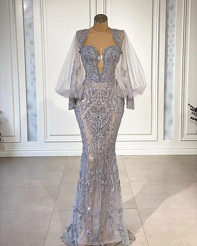 Luxury Mermaid Lace Evening Dresses Beaded Long Sleeve Prom Dress Appliqued Formal Party Gowns Pageant Wear Custom Made Vestido de novia