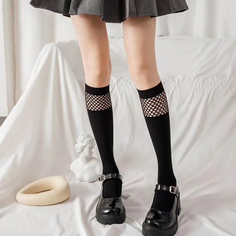 Designs Long Socks Women Stockings Fashion Fishnet Knee Solid Sock Cute Sweet Girls Campus Student Mesh Black Harajuku Gothic Stockings