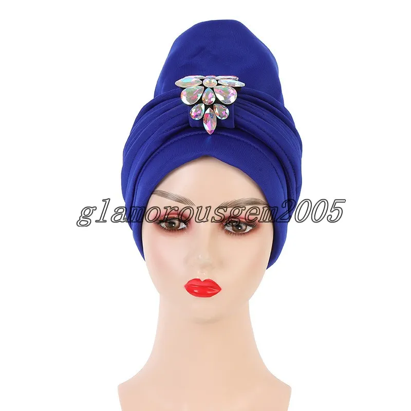 럭셔리 Shlny 라인 석 파티 머리 장식 모자 모자 아프리카 여성의 큰 모자 이슬람 여성 주름 뚜껑 나이지리아 웨딩 젤