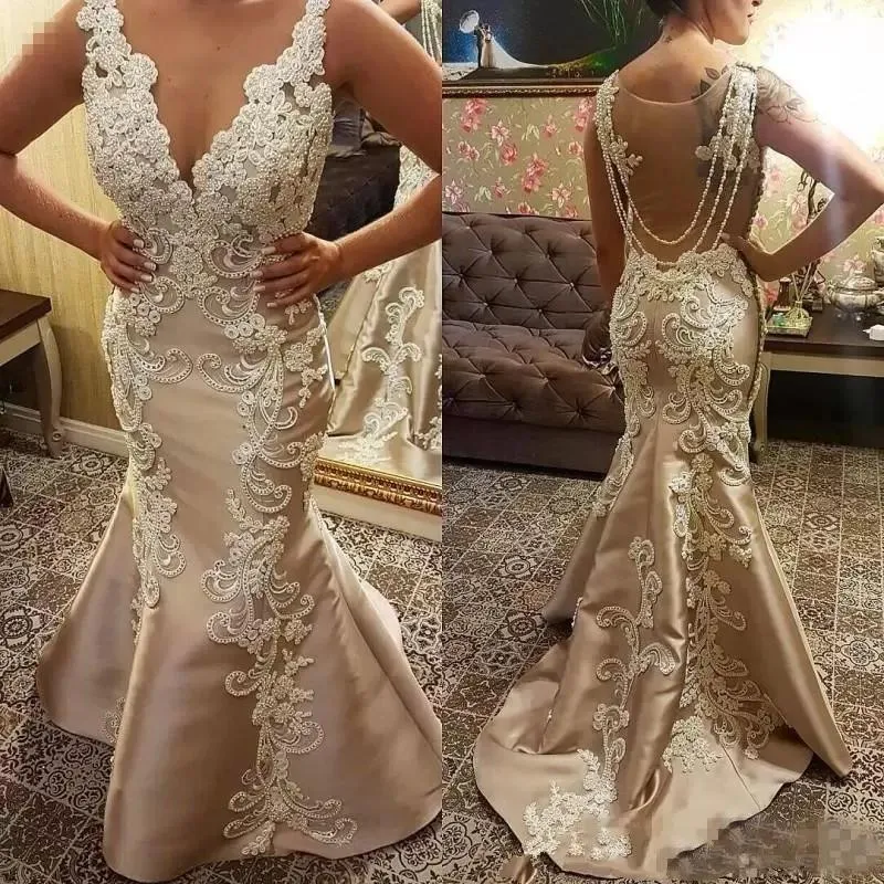 Beads Champagne Mermaid of the Bride Groom Dresses Lace Floral Pearls V-neck Fishtail Ocn Mother Prom Gowns Wedding Guest Dress Mor