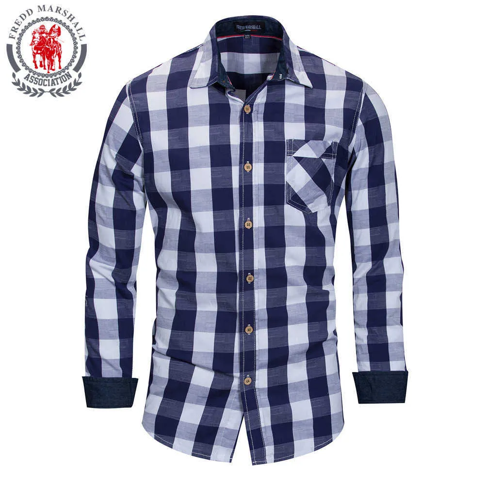 Fredd Marshall Casual Shirt Män Plaid Male Shirts Slim Fit Långärmad Plaid Cuff Märkedräktskjorta Camisa Masculina 3XL FM155 210527